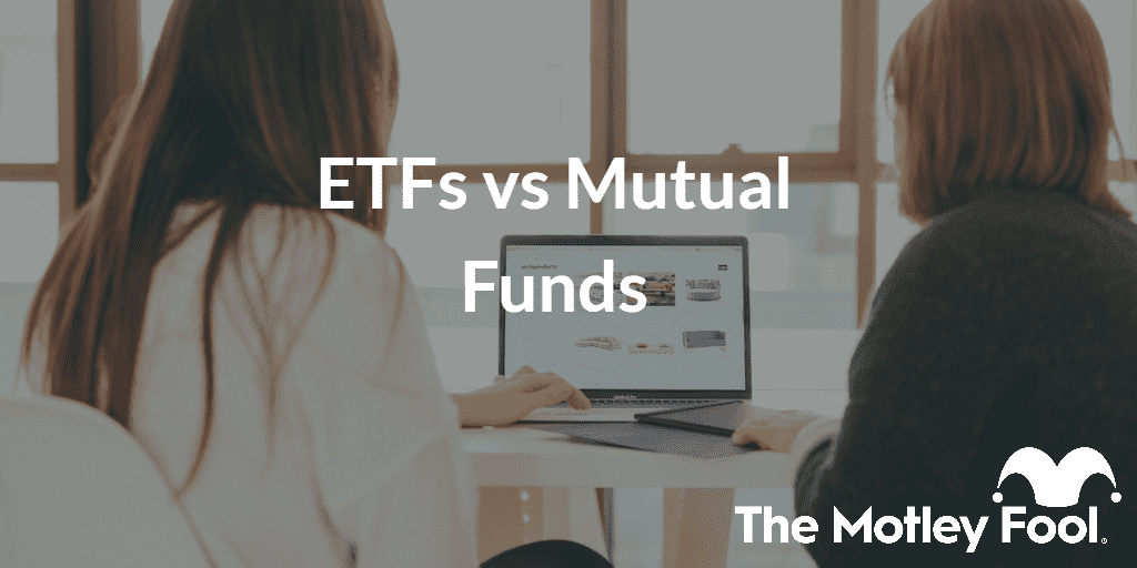 with the text “ETF's vs Mutual Funds” and The Motley Fool jester cap logo