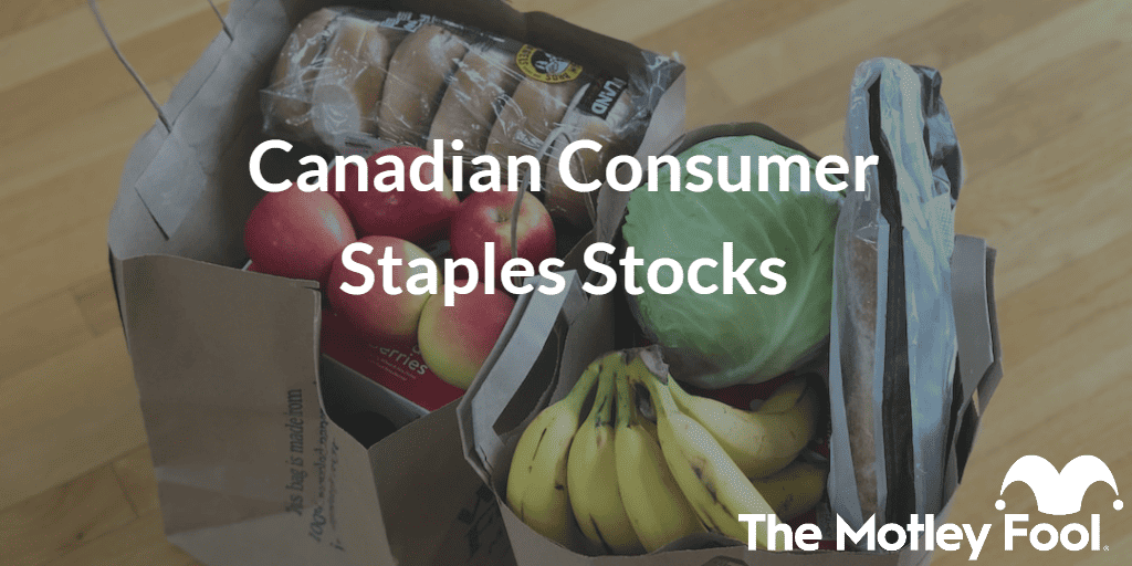 Grocery Products in bag with the text “Canadian Consumer Staples Stocks” and The Motley Fool jester cap logo