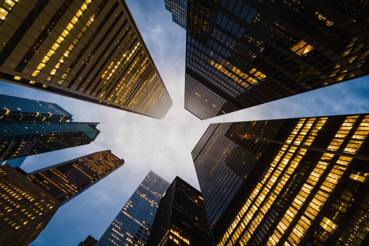 View of high rise corporate buildings in the financial district of Toronto, Canada