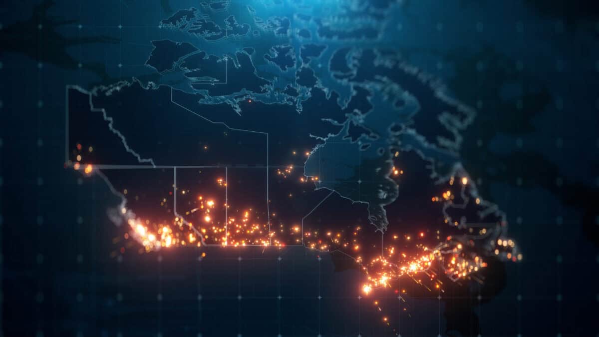 Map of Canada with city lights illuminated