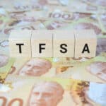 TFSA (Tax-Free Savings Account) on wooden blocks and Canadian one hundred dollar bills.