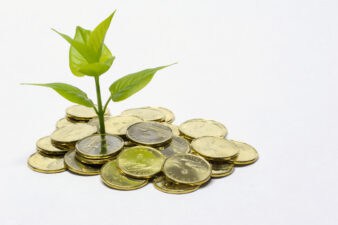 A close up color image of a small green plant sprouting out of a pile of Canadian dollar coins "loonies."