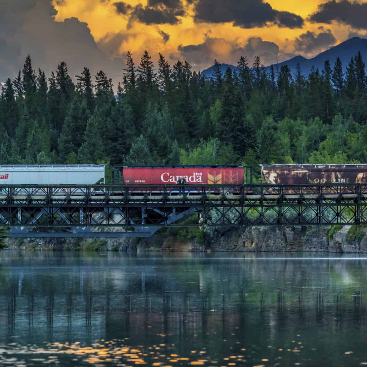 Train cars pass over trestle bridge in the mountains