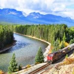 A train passes Morant's curve in Banff National Park in the Canadian Rockies.