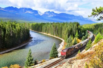 A train passes Morant's curve in Banff National Park in the Canadian Rockies.