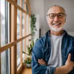 senior man smiles next to a light-filled window