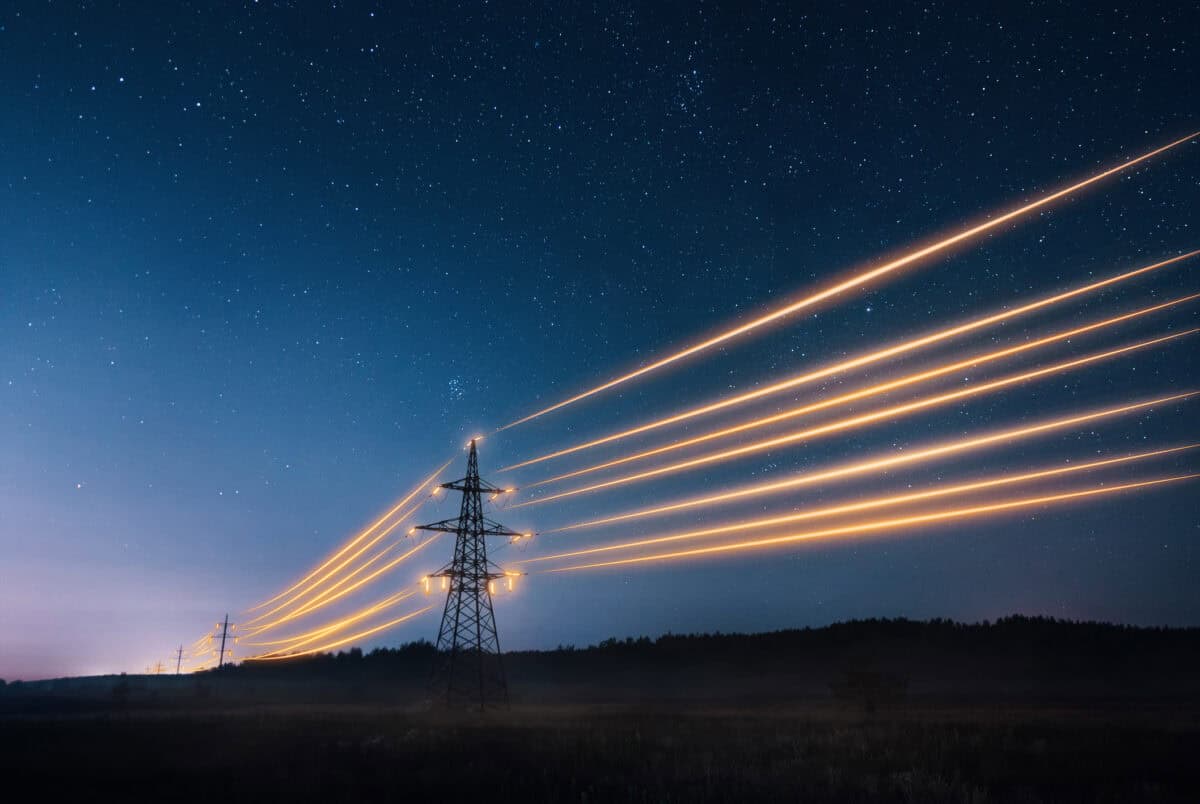 Electricity transmission towers with orange glowing wires against night sky